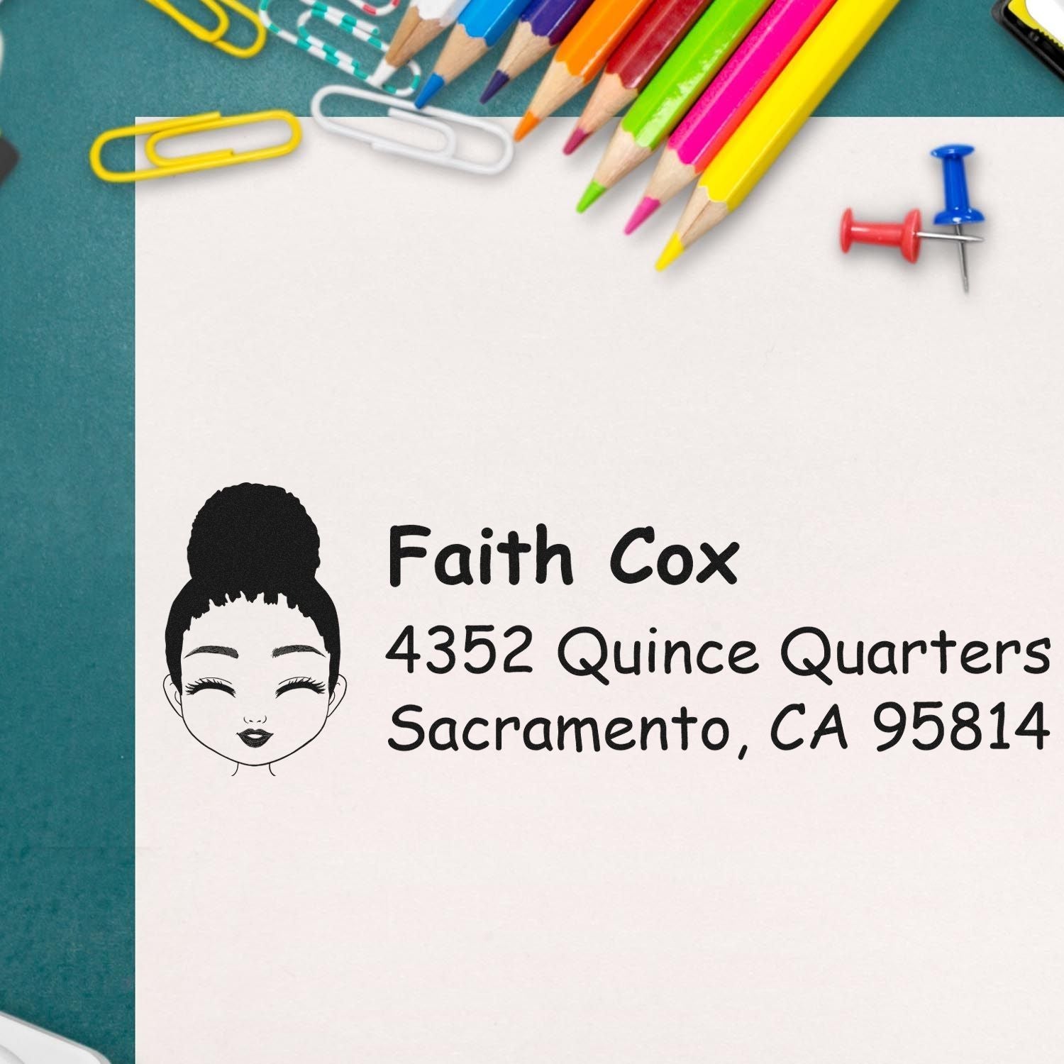 Personalized return address rubber stamp for Faith Cox, Sacramento, CA, with custom name and address design