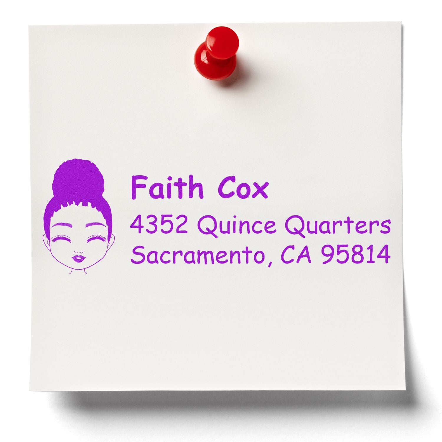 Personalized return address rubber stamp featuring name, Sacramento, CA address, and woman icon.
