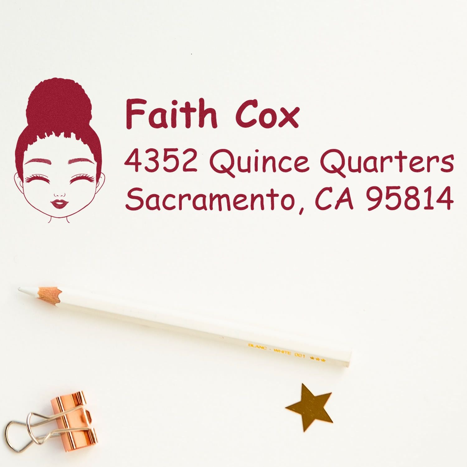 Personalized rubber address stamp with girl logo and Faith Cox Sacramento, CA return address.