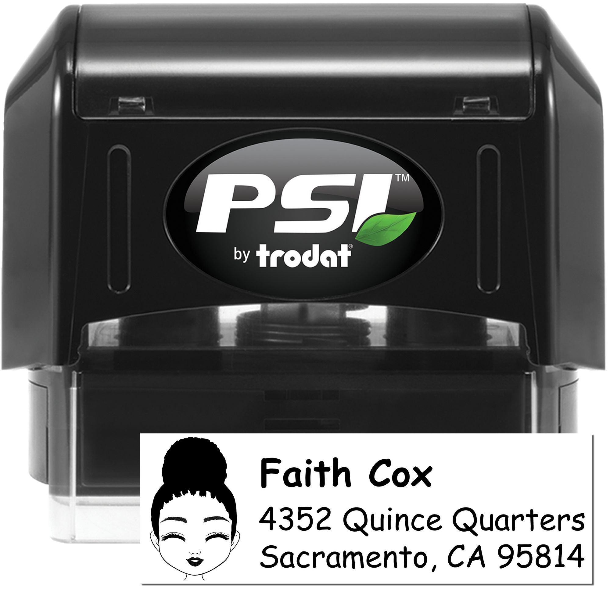 Custom self-inking PSI by Trodat address rubber stamp with name and Sacramento, CA return address.