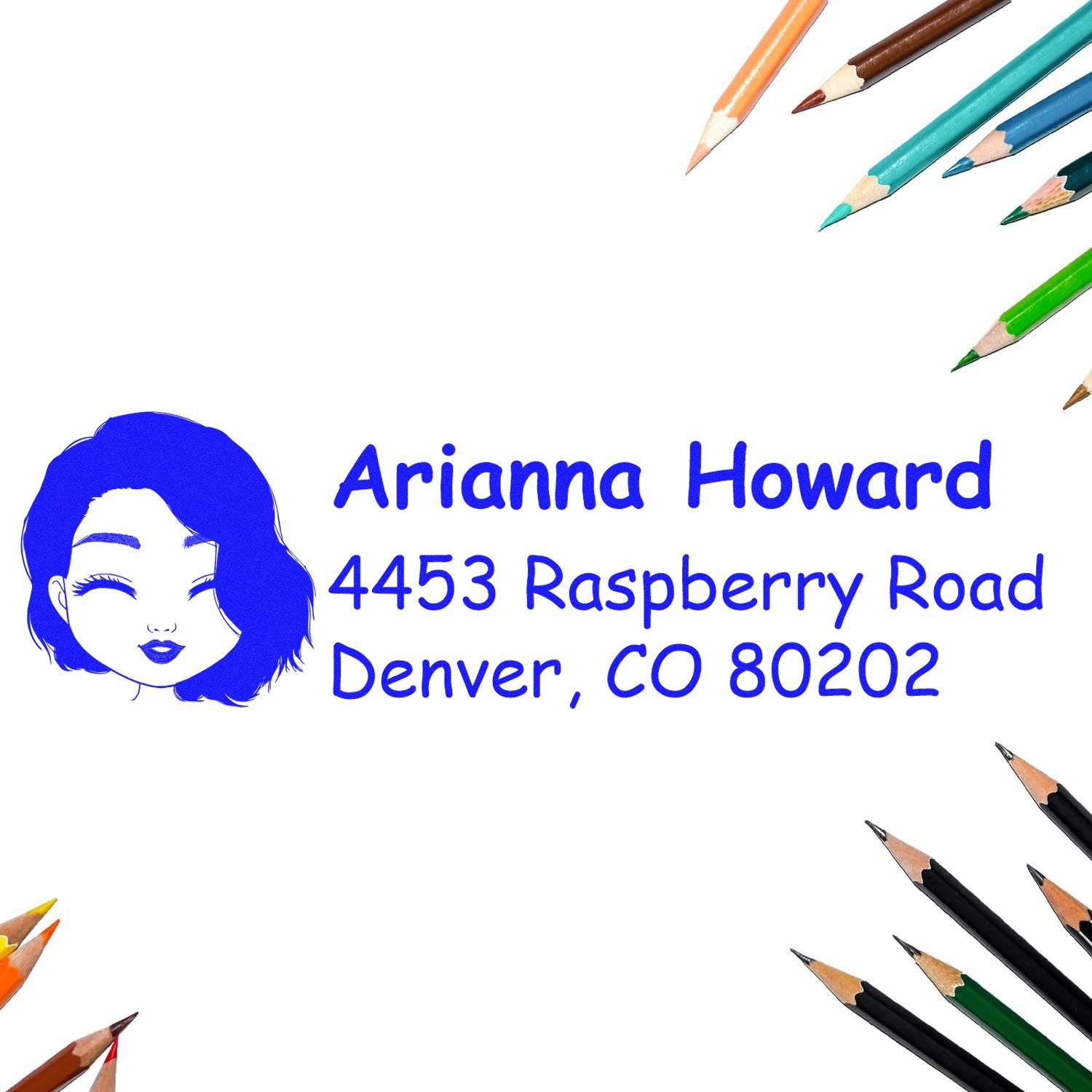 Custom return address rubber stamp for Arianna Howard, 4453 Raspberry Road, Denver, CO 80202.