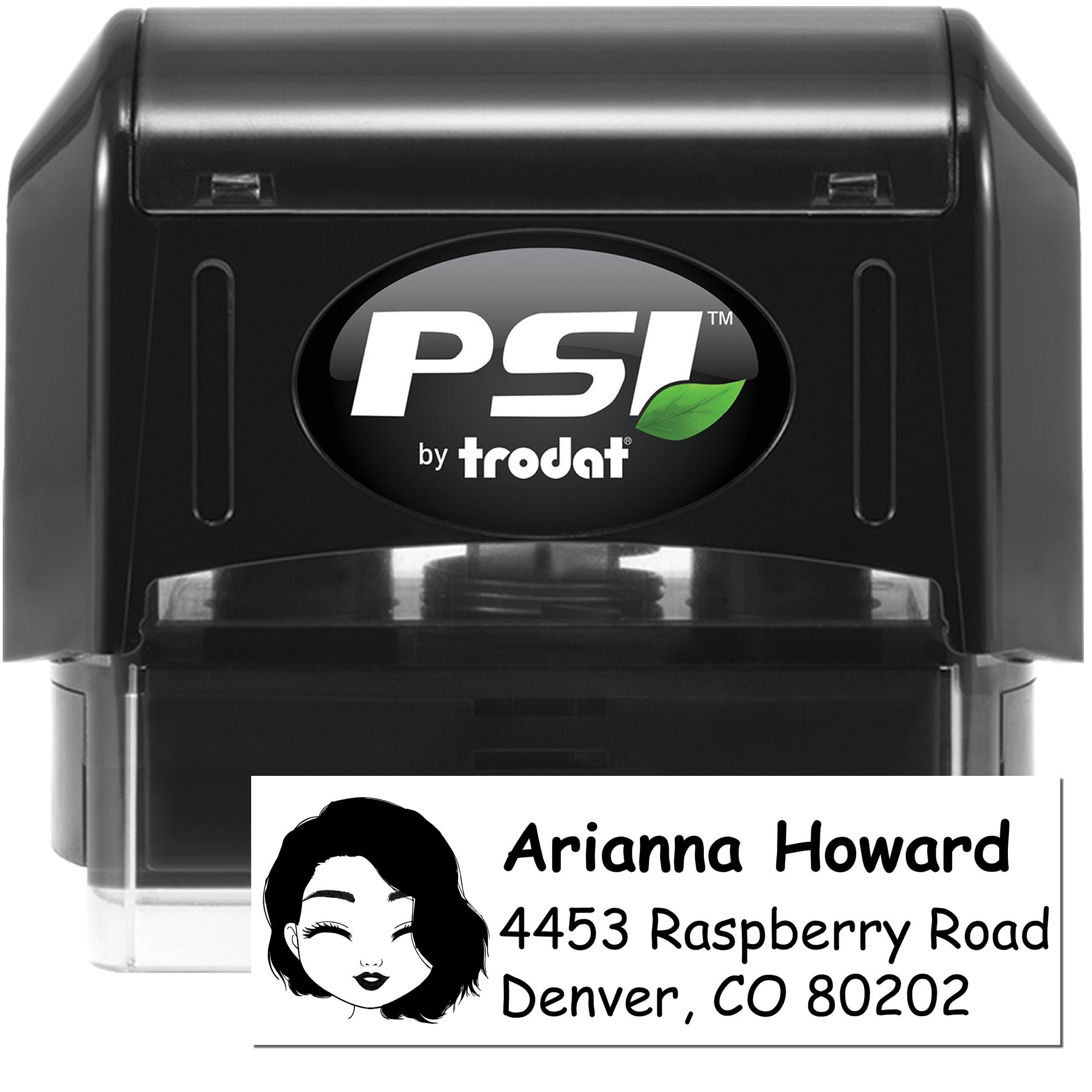 PSI by Trodat self-inking custom address rubber stamp with Arianna Howard and Denver, CO return address.