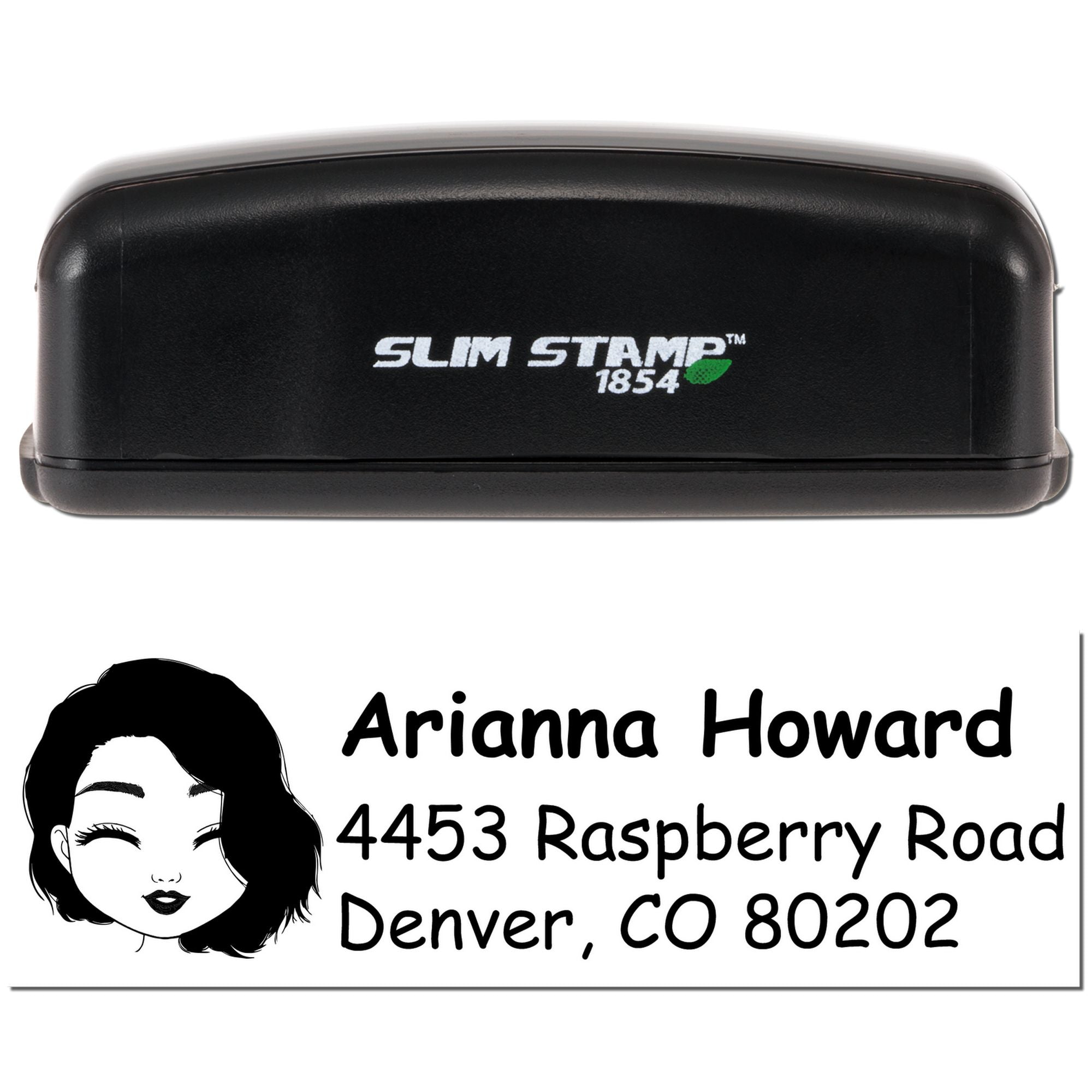 Custom Slim Stamp self-inking rubber stamp with personalized return address design for name and mailing labels.