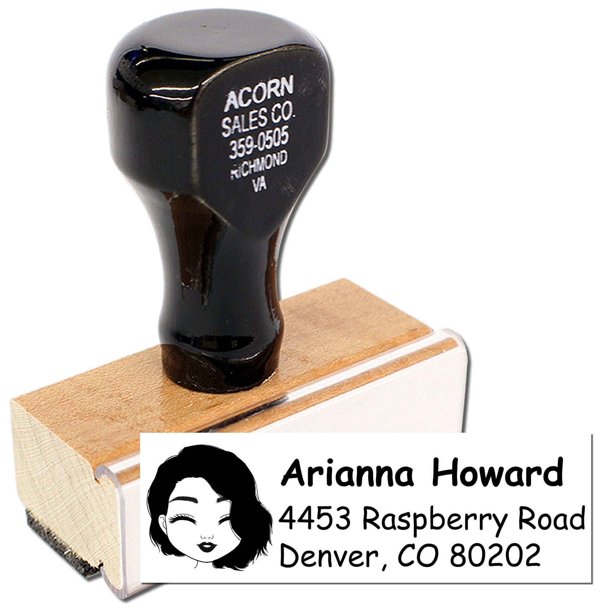 Personalized rubber return address stamp with custom name and mailing address for envelopes and packages.