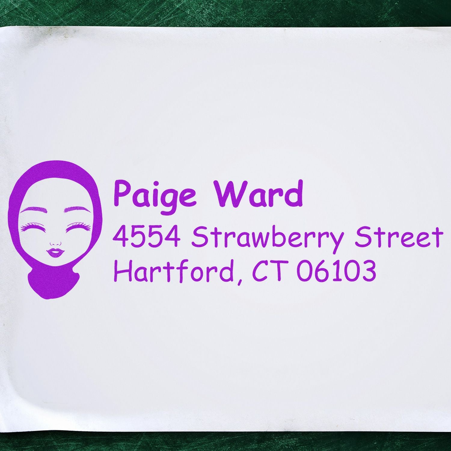 Custom address rubber stamp for Paige Ward, 4554 Strawberry Street, Hartford, CT 06103 with purple face logo.
