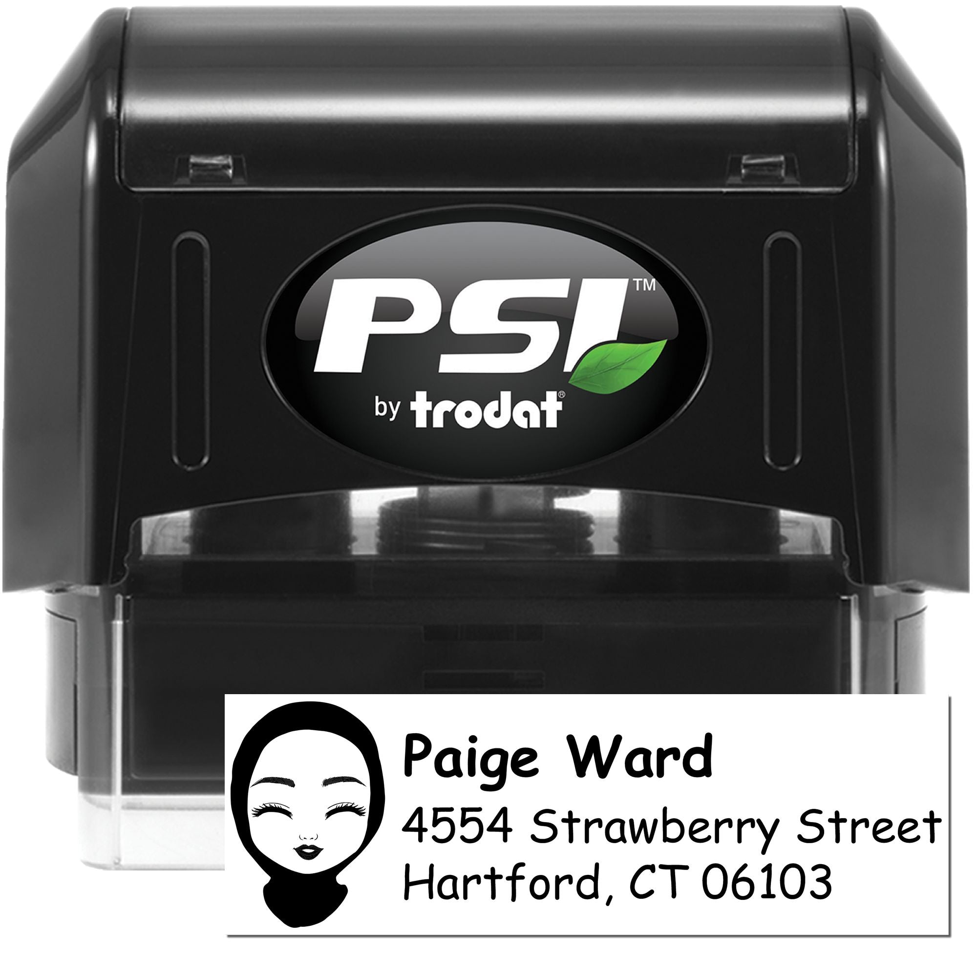 Custom self-inking return address rubber stamp by PSI Trodat with personalized name and address imprint