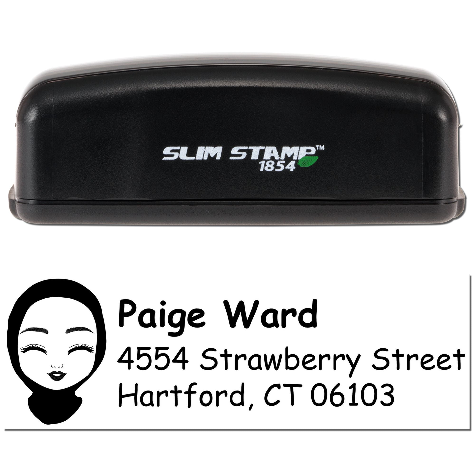 Slim Stamp 1854 custom address rubber stamp showing Paige Ward Hartford CT return address design and logo imprint
