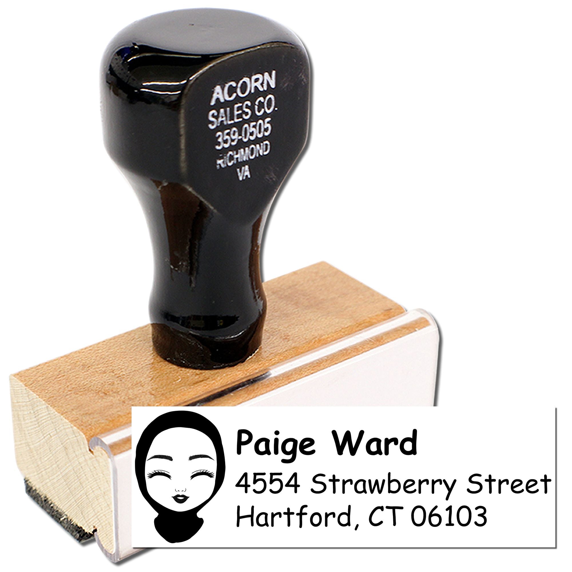 Custom address rubber stamp on wood mount, personalized return address stamp for mailing, business, and wedding invitations