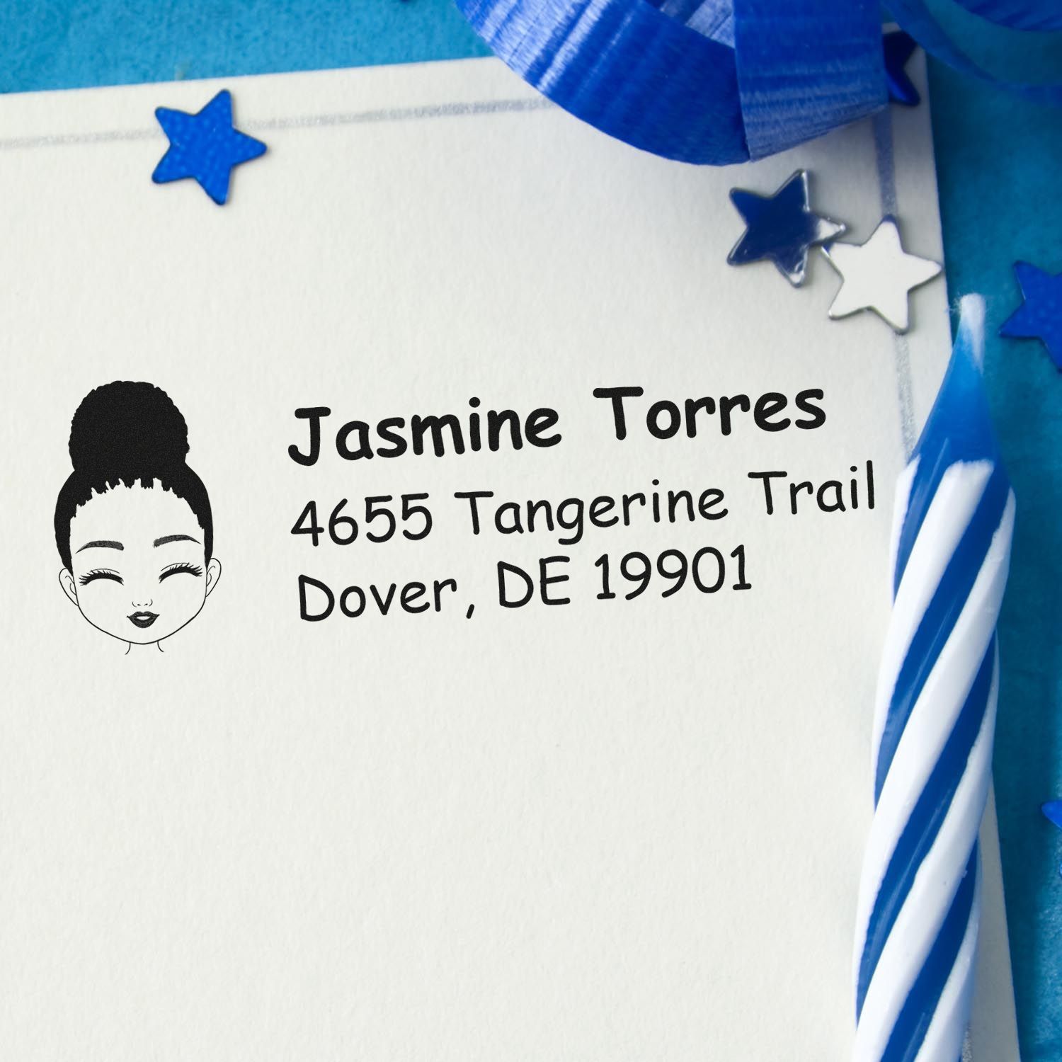 Custom return address rubber stamp for envelopes, featuring Jasmine Torres, Dover DE 19901, with star-themed design.