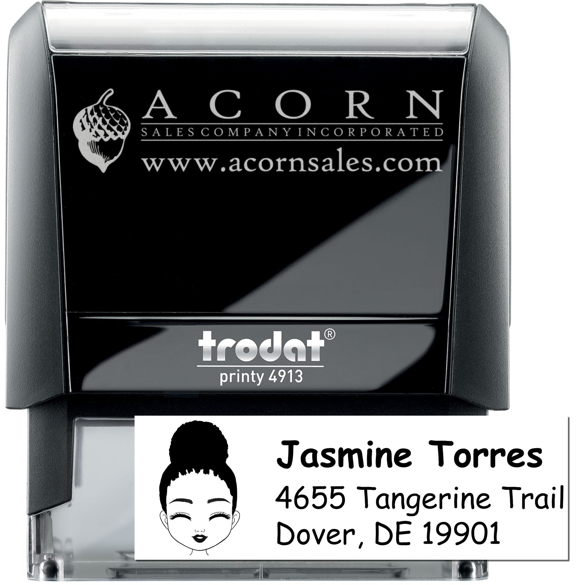 Custom Trodat Printy 4913 self-inking rubber stamp with logo, company name, and personalized address imprint.