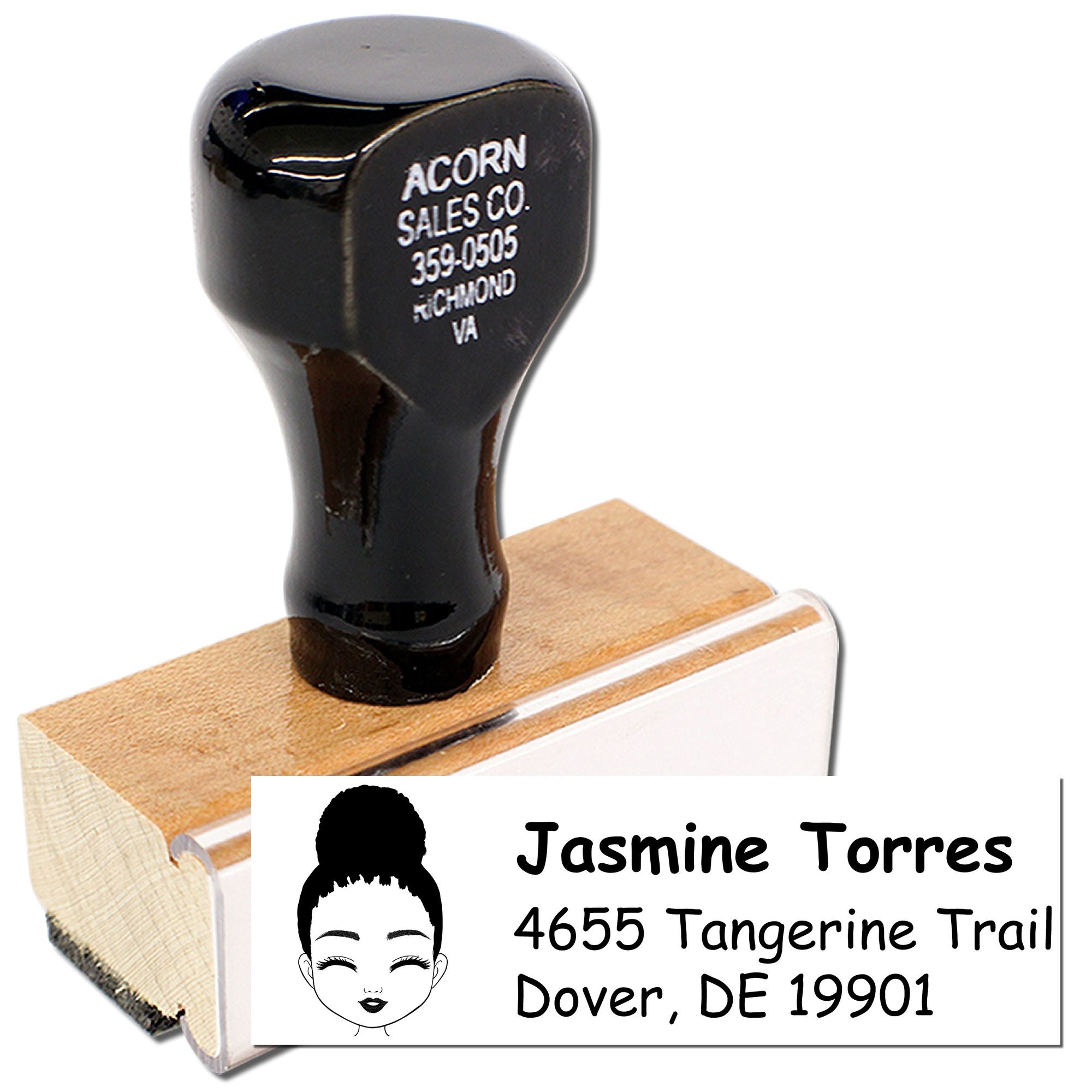 Custom rubber address stamp with name, address and portrait icon for personalized mailing labels and envelopes.