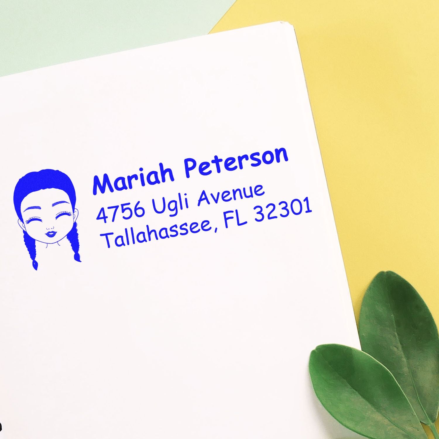 Custom address rubber stamp with girl icon, printing Mariah Peterson, Tallahassee, FL mailing address.