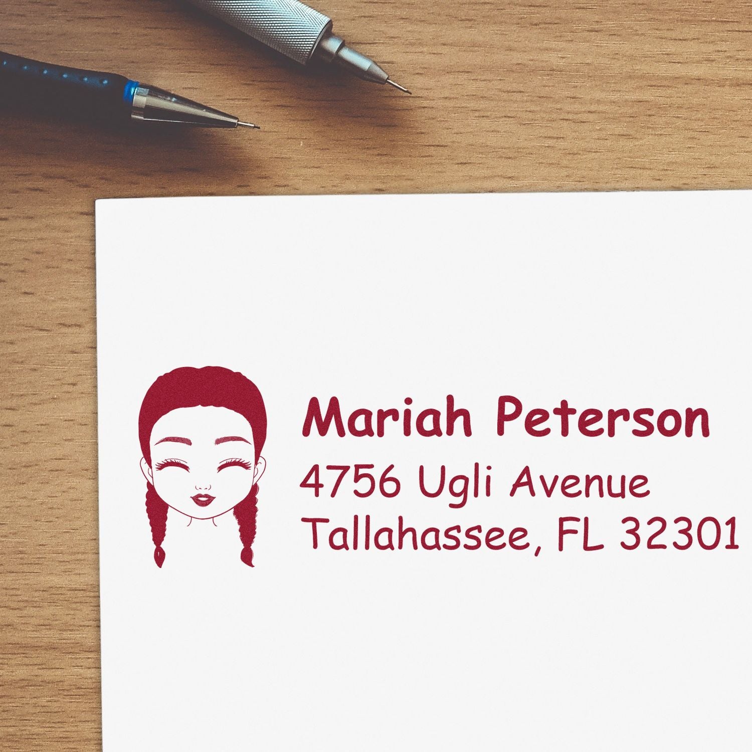 Custom rubber address stamp with girl illustration, name, and Tallahassee, FL return address for envelopes and mailings