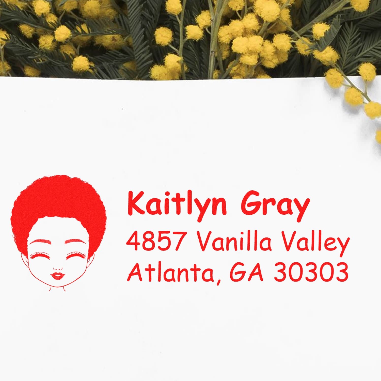 Custom rubber stamp return address design with name Kaitlyn Gray and Atlanta, GA address in red script
