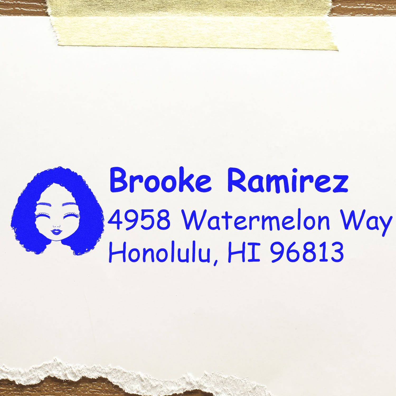 Custom address rubber stamp for Brooke Ramirez, 4958 Watermelon Way, Honolulu, HI 96813, with woman logo.