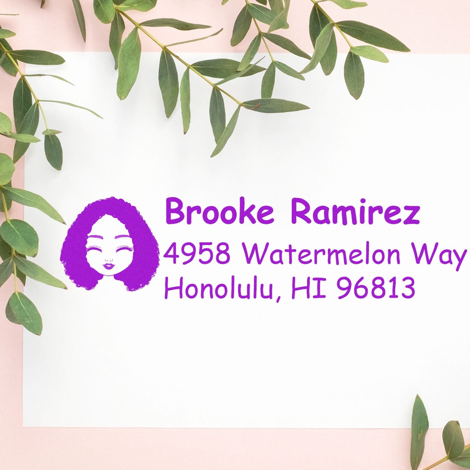 Custom purple rubber address stamp with Brooke Ramirez name and Honolulu, HI return address.