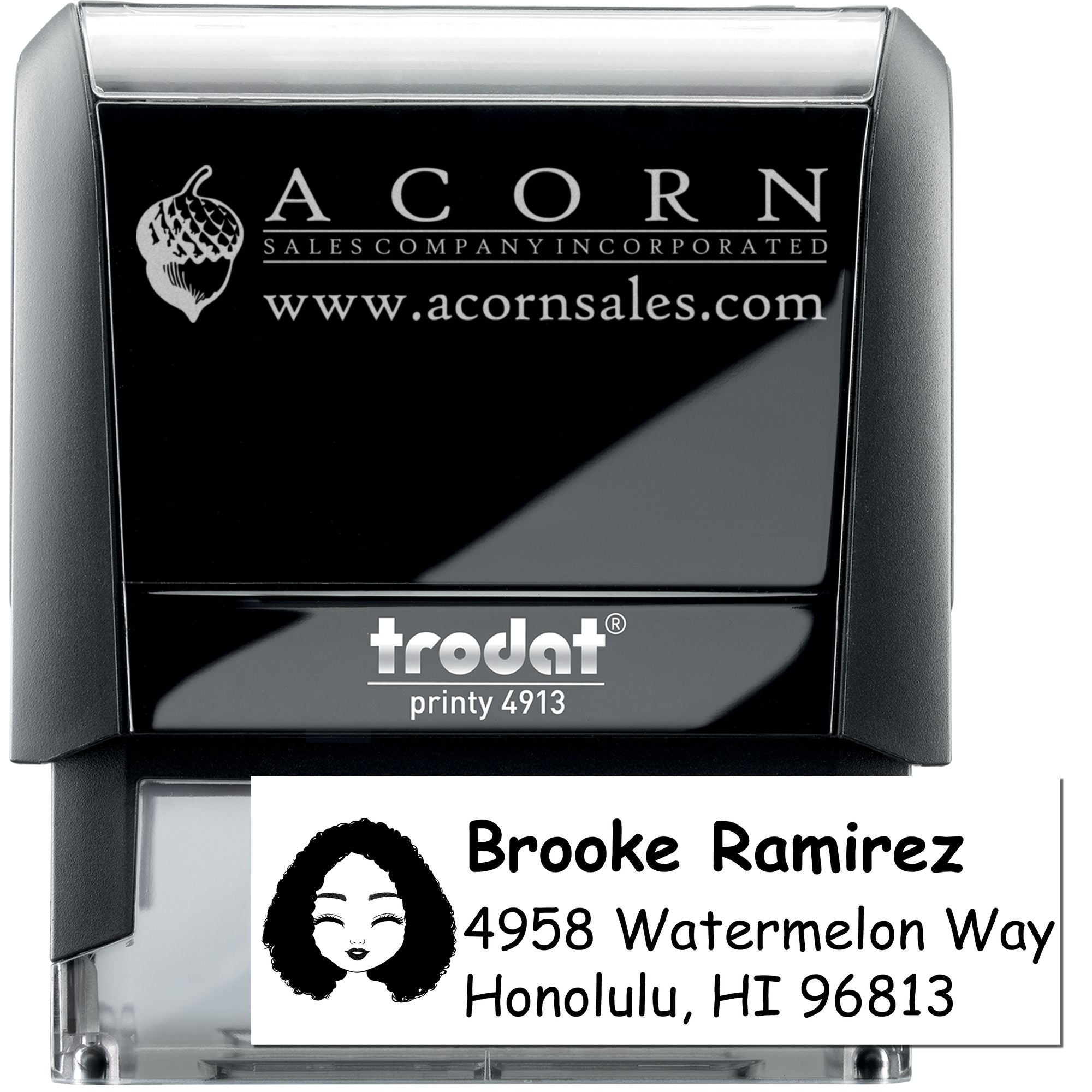 Custom self-inking rubber address stamp, Trodat Printy 4913, with business logo, name, website, and return address.