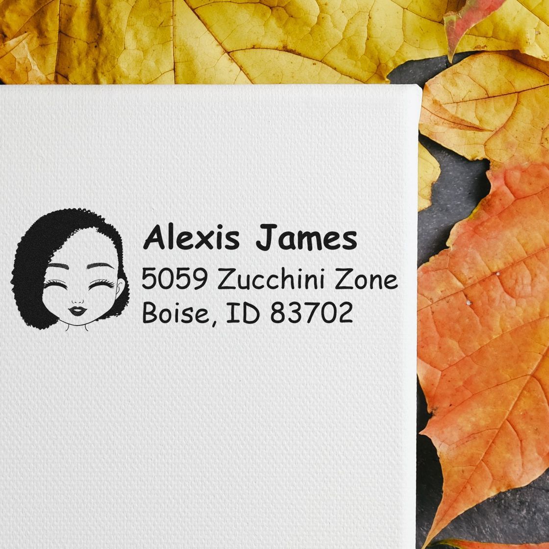Custom return address rubber stamp with cartoon portrait, Alexis James, Boise, ID, for personalized mailing envelopes.