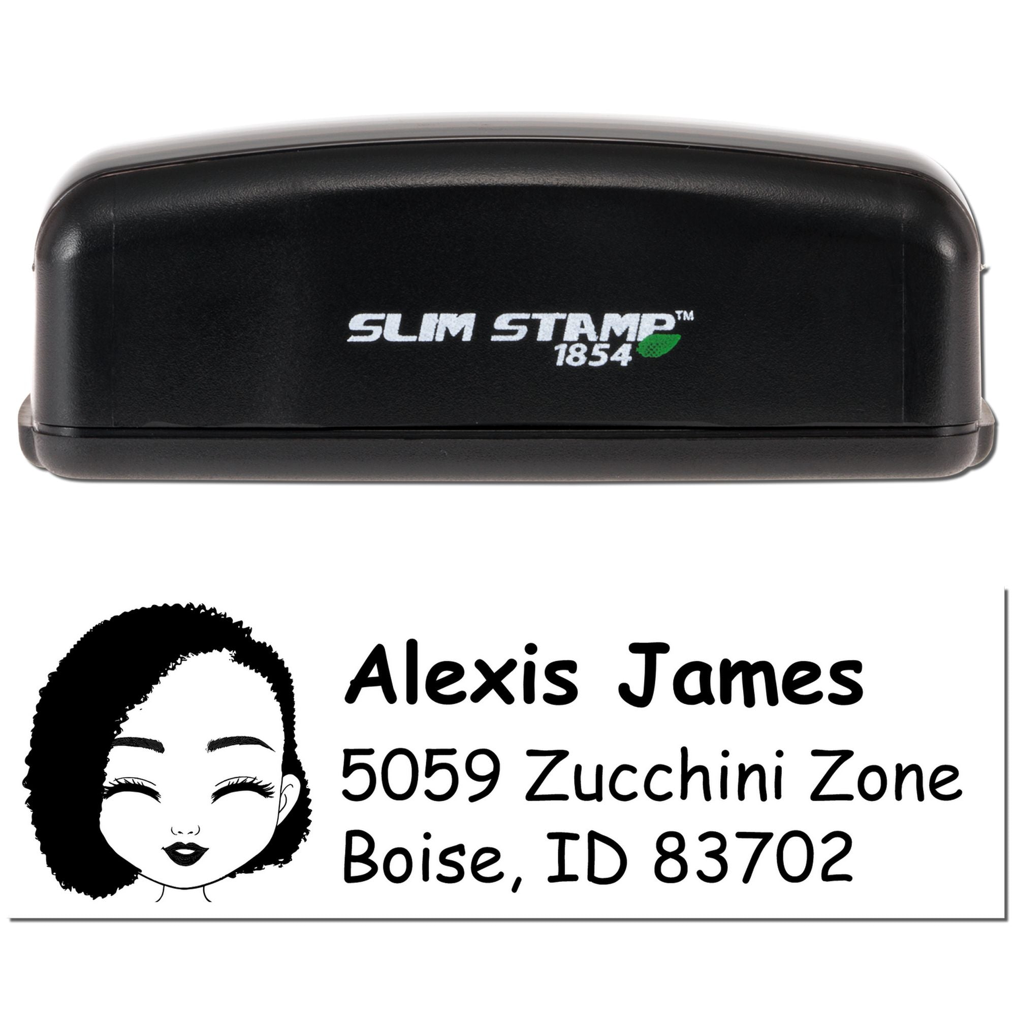 Slim Stamp 1854 custom address rubber stamp with personalized name and portrait design for Alexis James, Boise, ID