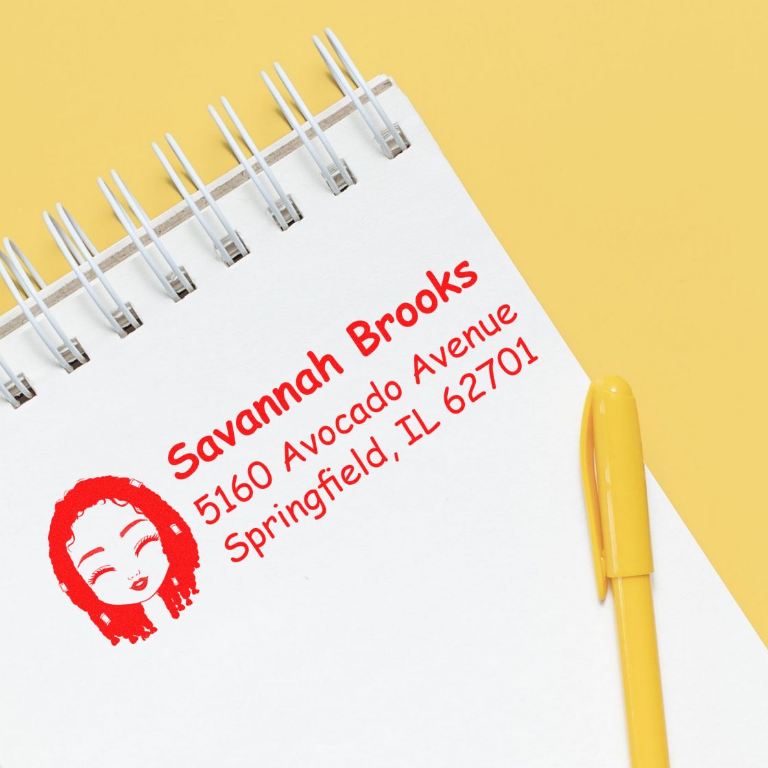 Custom rubber stamp with name and return address, ideal for personalized mailing and small business branding.