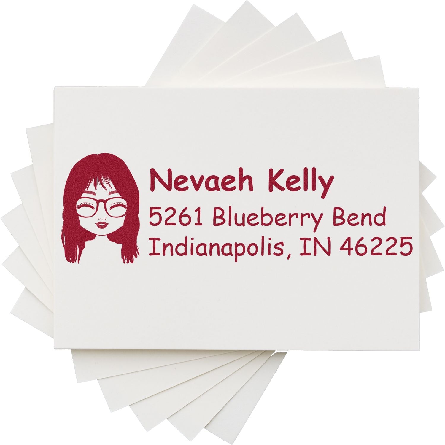 Custom return address rubber stamp with name, address, and avatar icon for personalized mailing labels.