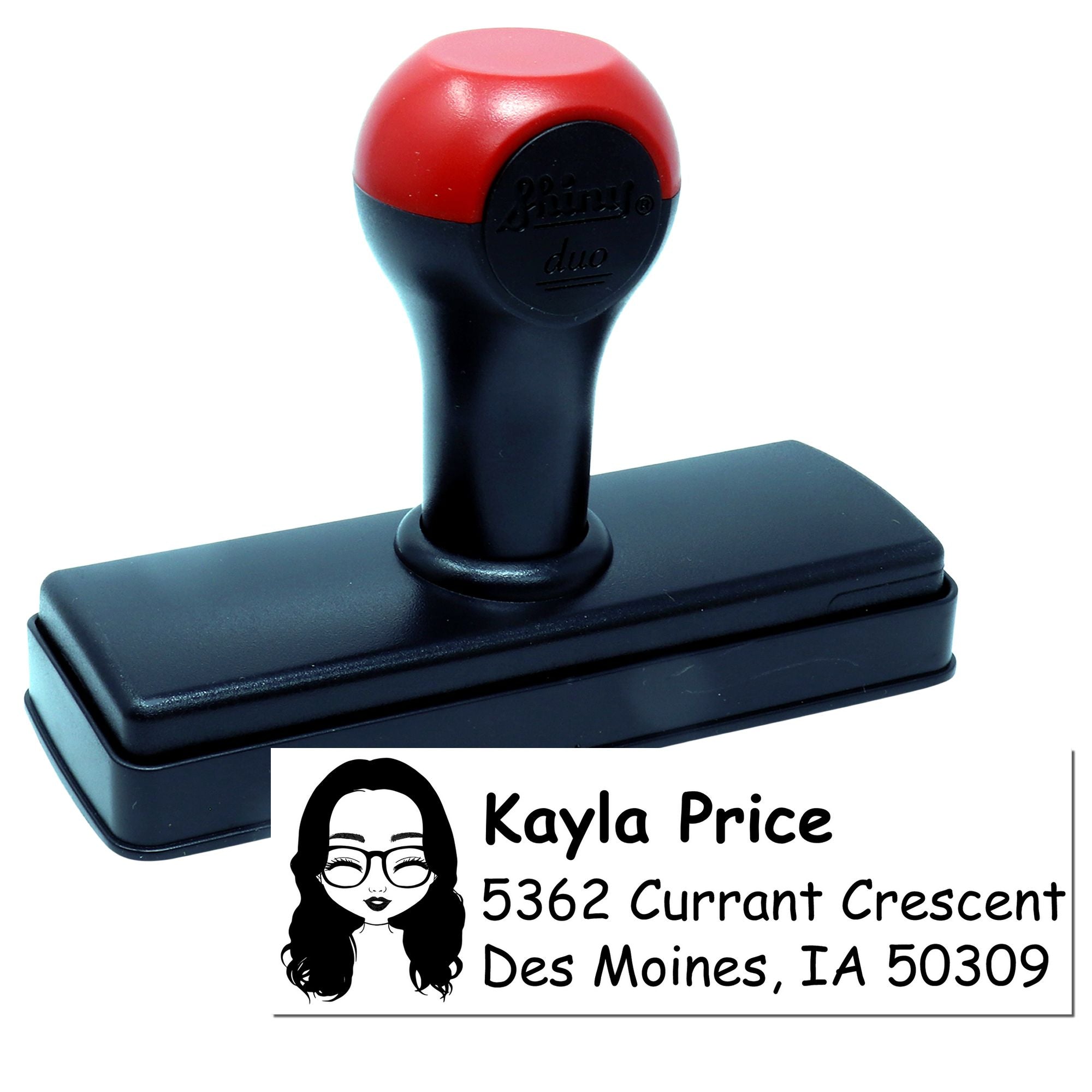 Personalized self-inking return address rubber stamp with custom name and mailing address imprint.