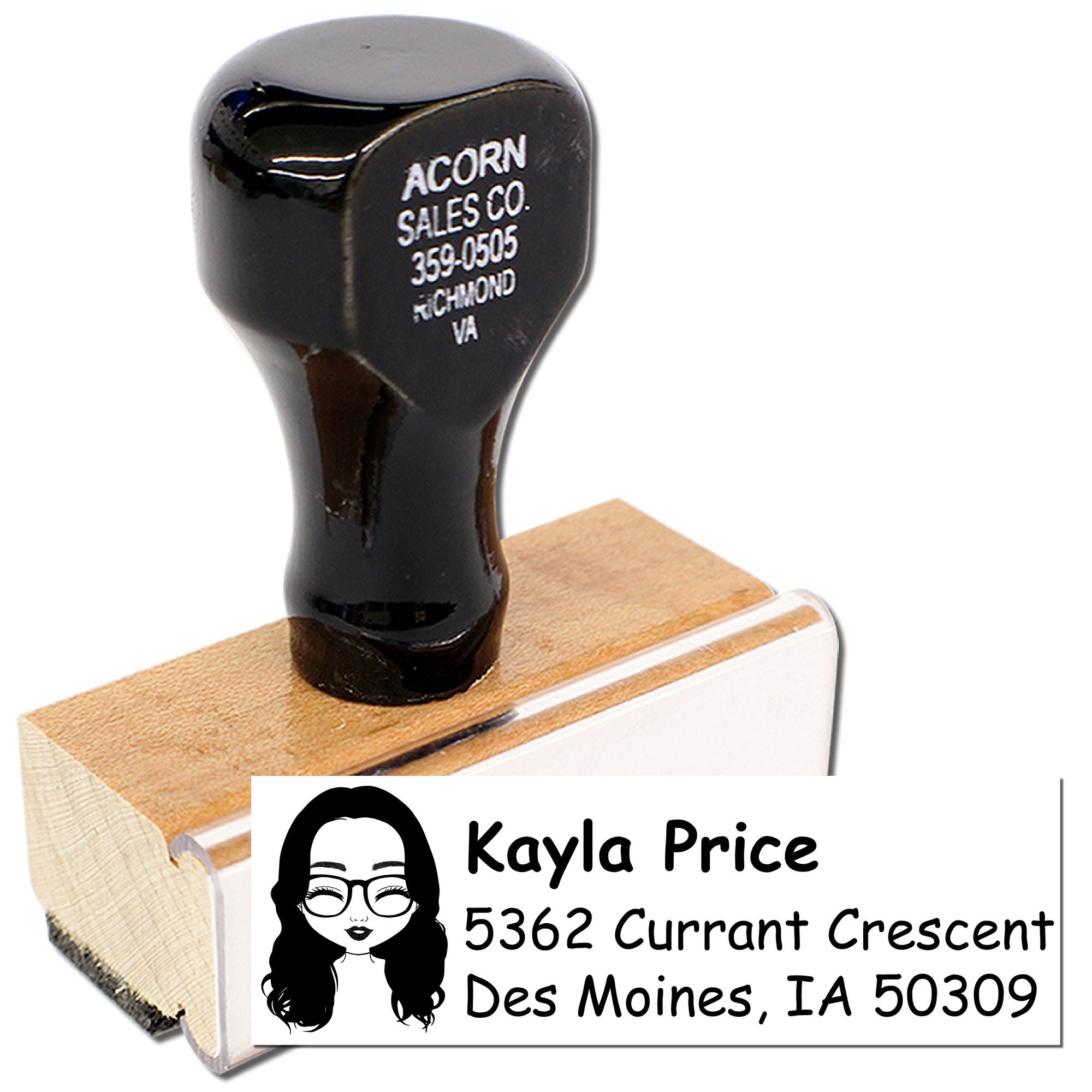 Custom self-inking address rubber stamp for business mail, featuring name, logo, and return address.