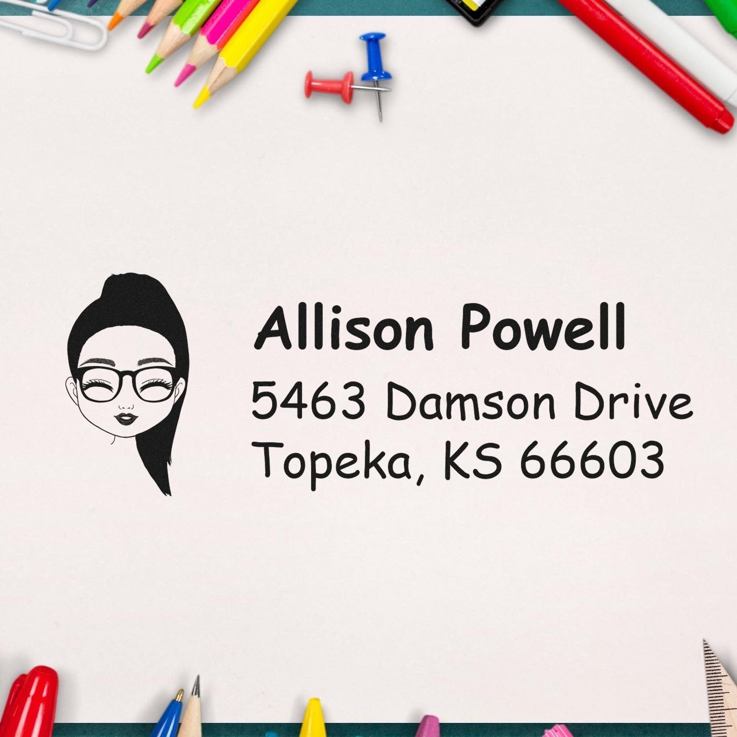 Custom return address rubber stamp with female avatar, Allison Powell, Topeka KS address for envelopes and mailing