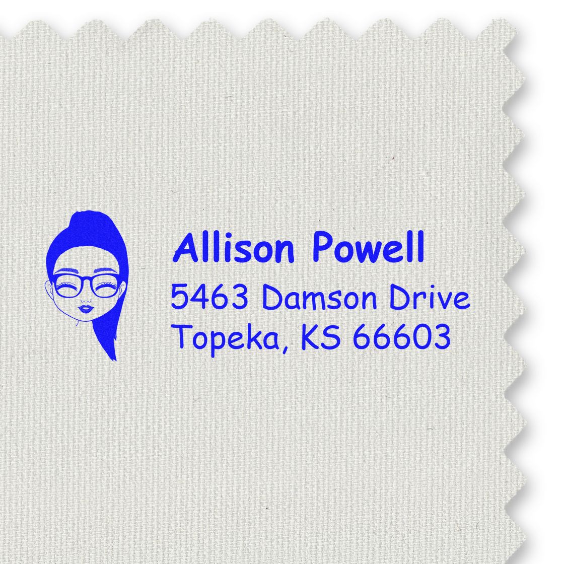 Personalized return address rubber stamp with Allison Powell name and Topeka, KS address in blue ink.