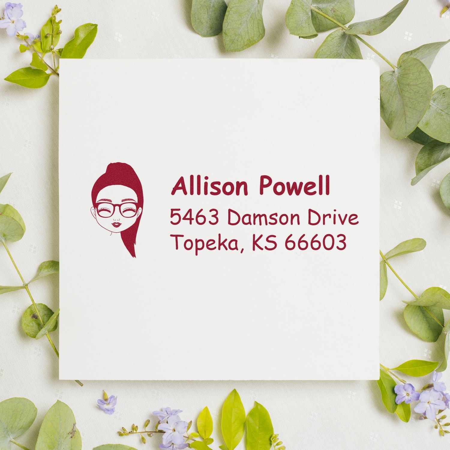 Custom return address rubber stamp with woman avatar, Allison Powell, 5463 Damson Drive, Topeka, KS 66603