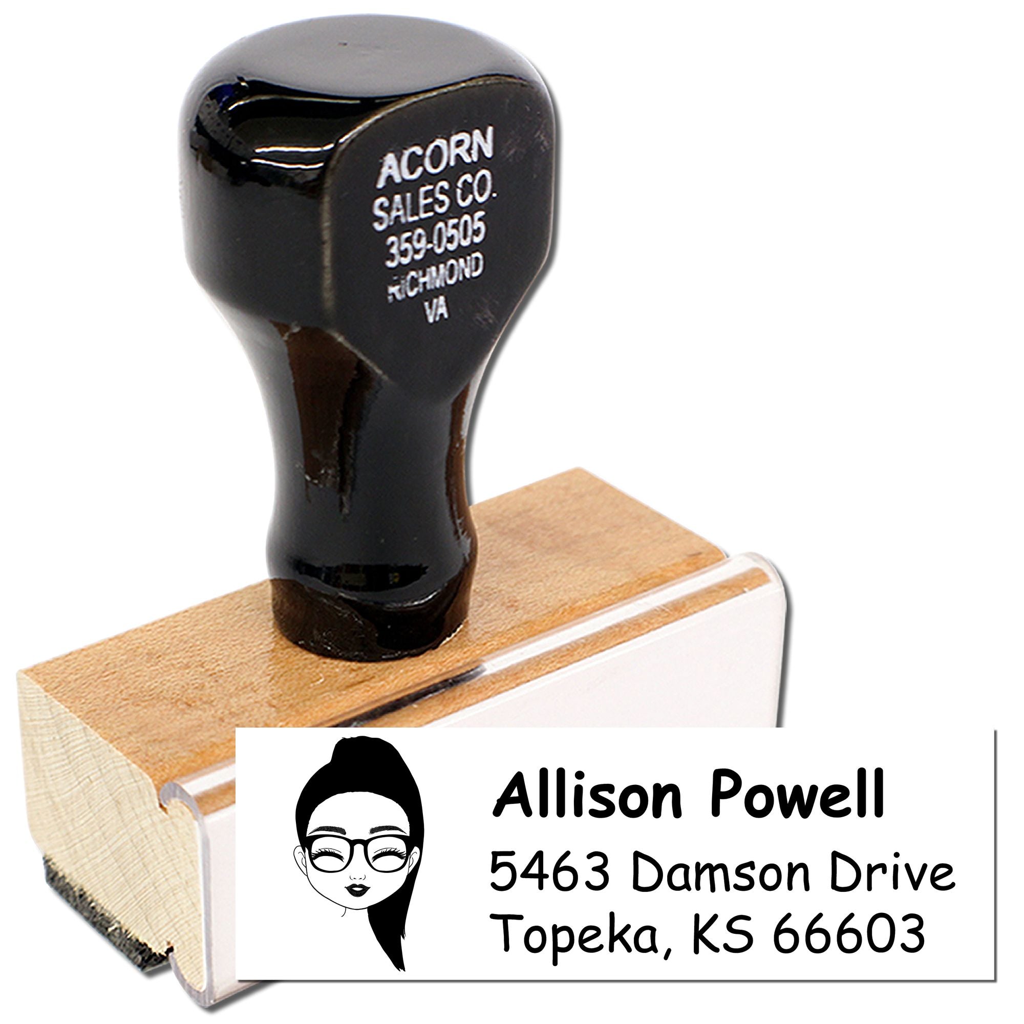 Custom rubber stamp with name and address, featuring a personalized logo for mailing and business use.