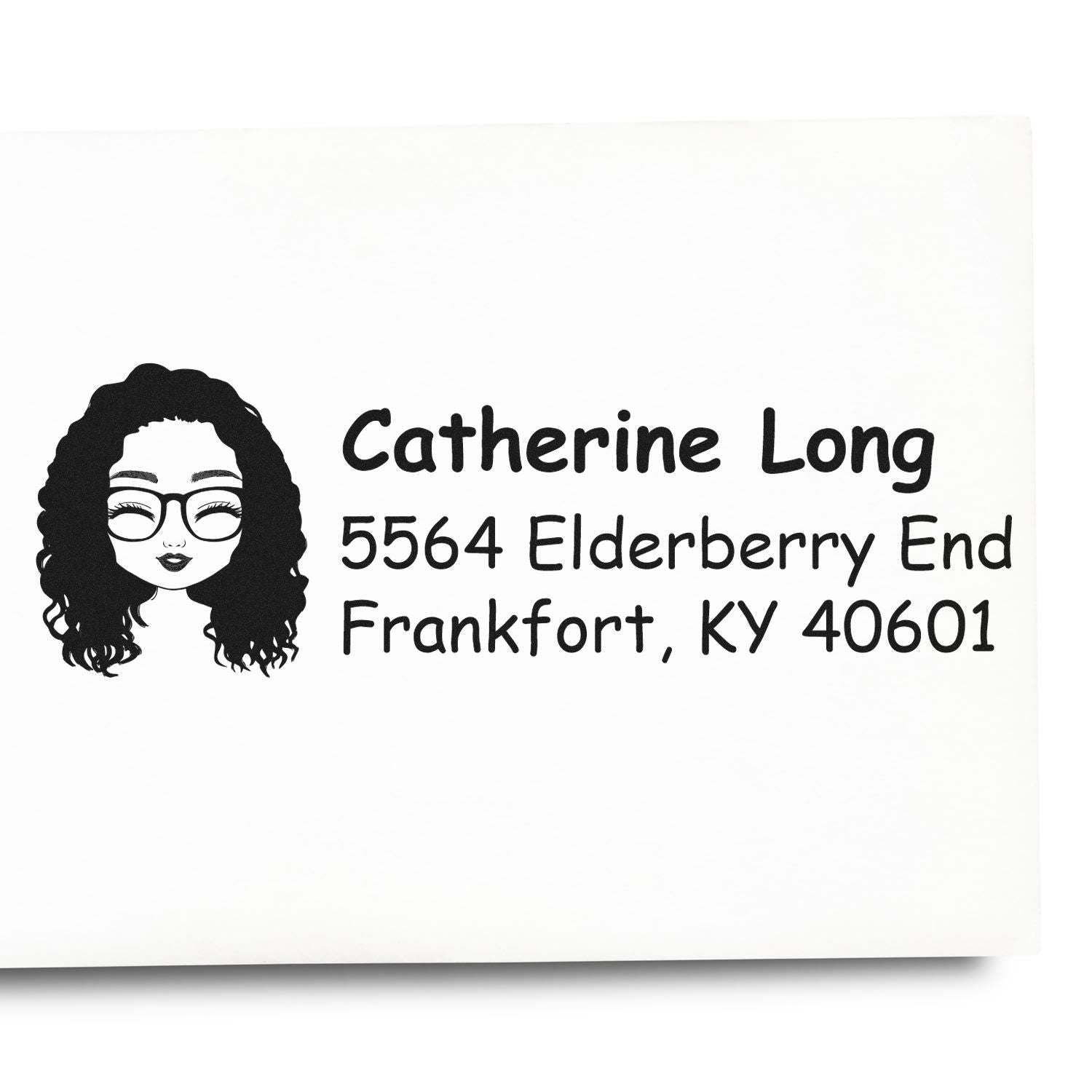 Custom return address rubber stamp with woman avatar, Catherine Long, 5564 Elderberry End, Frankfort, KY 40601