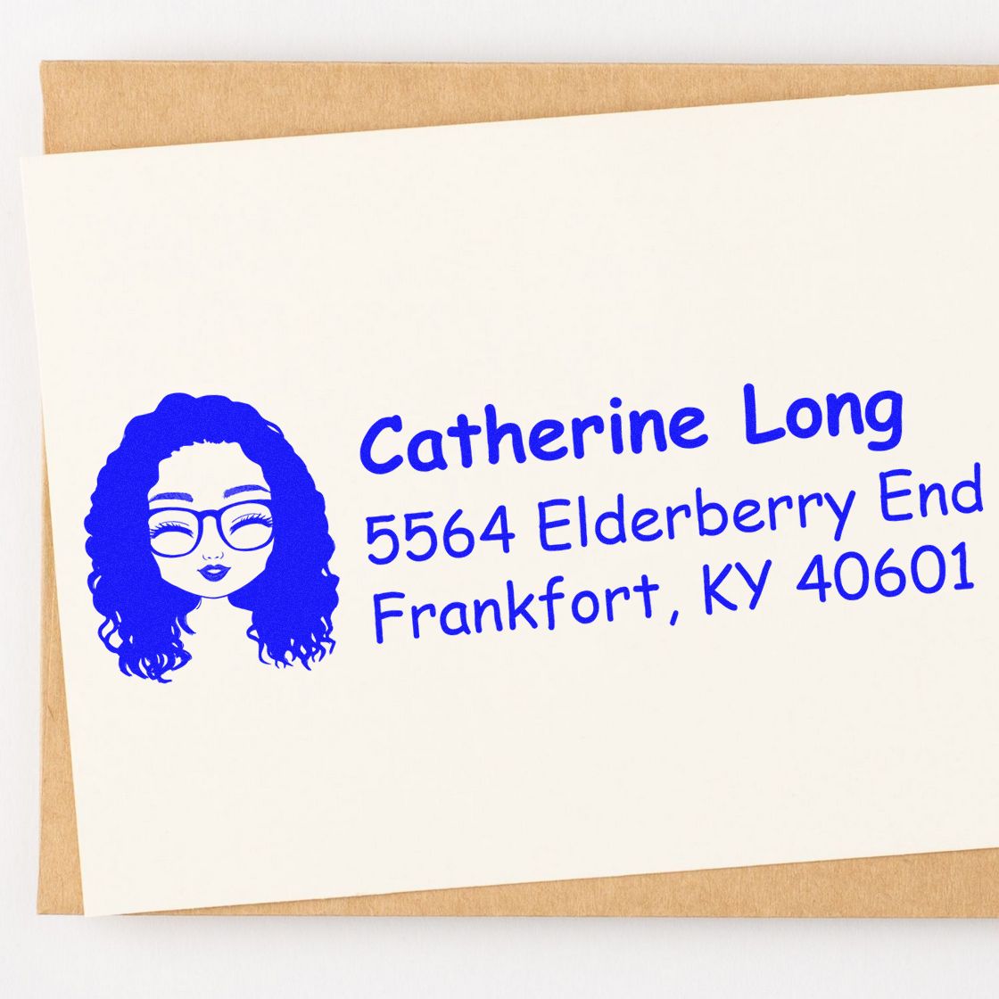 Custom return address rubber stamp with woman avatar for Catherine Long, 5564 Elderberry End, Frankfort, KY 40601