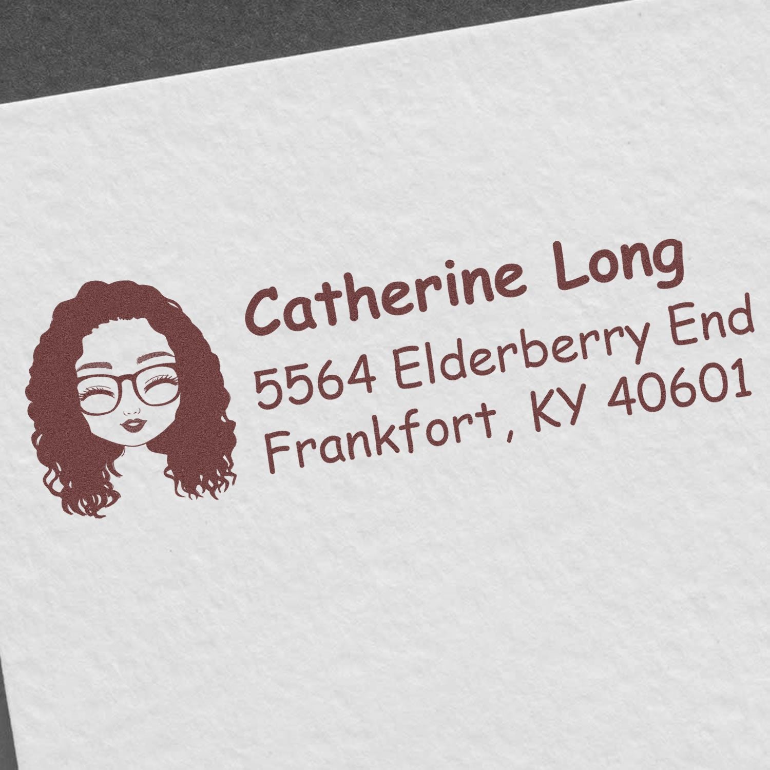 Custom return address rubber stamp with female avatar, Catherine Long, 5564 Elderberry End, Frankfort, KY 40601