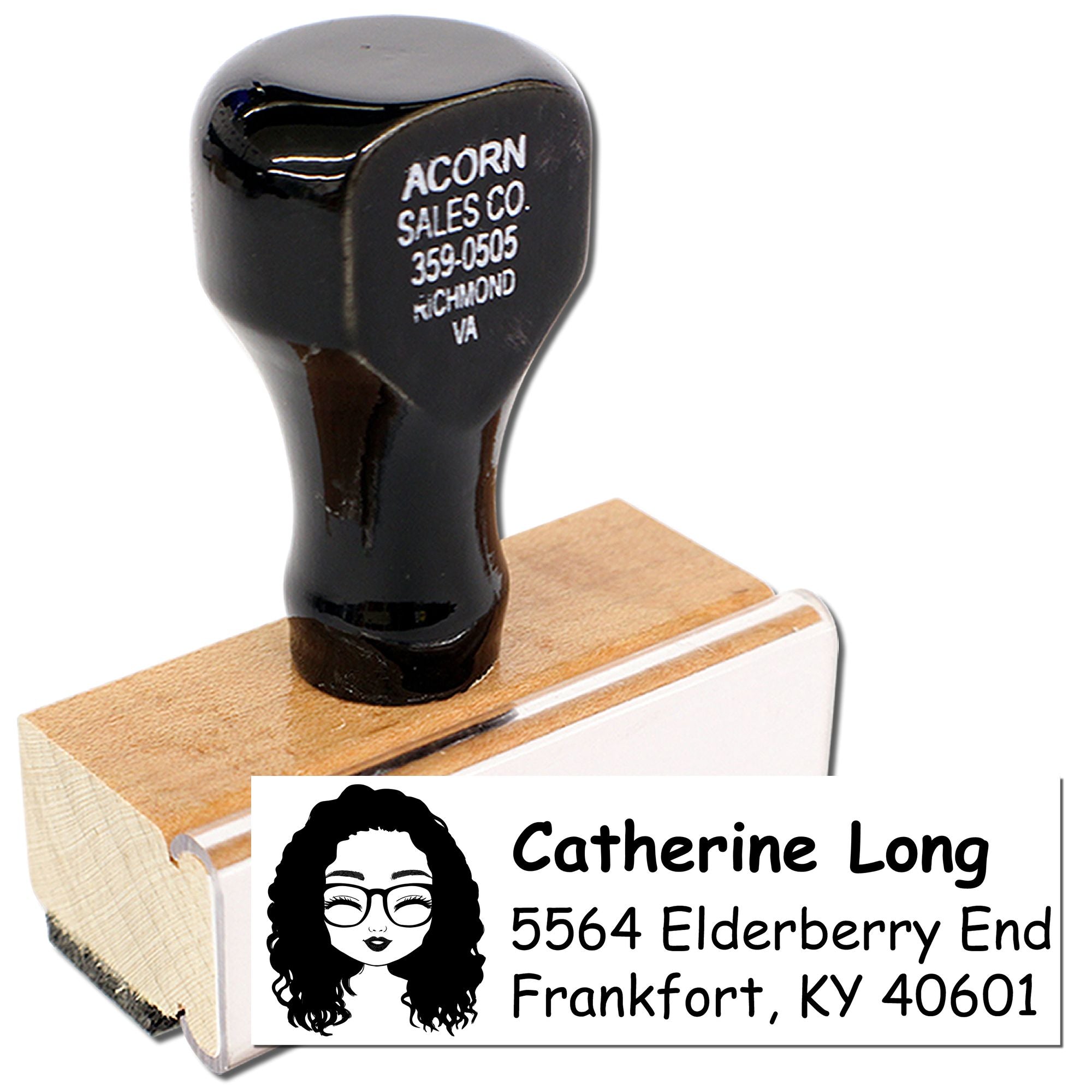Custom rubber address stamp with Catherine Long return address on a wooden handle.