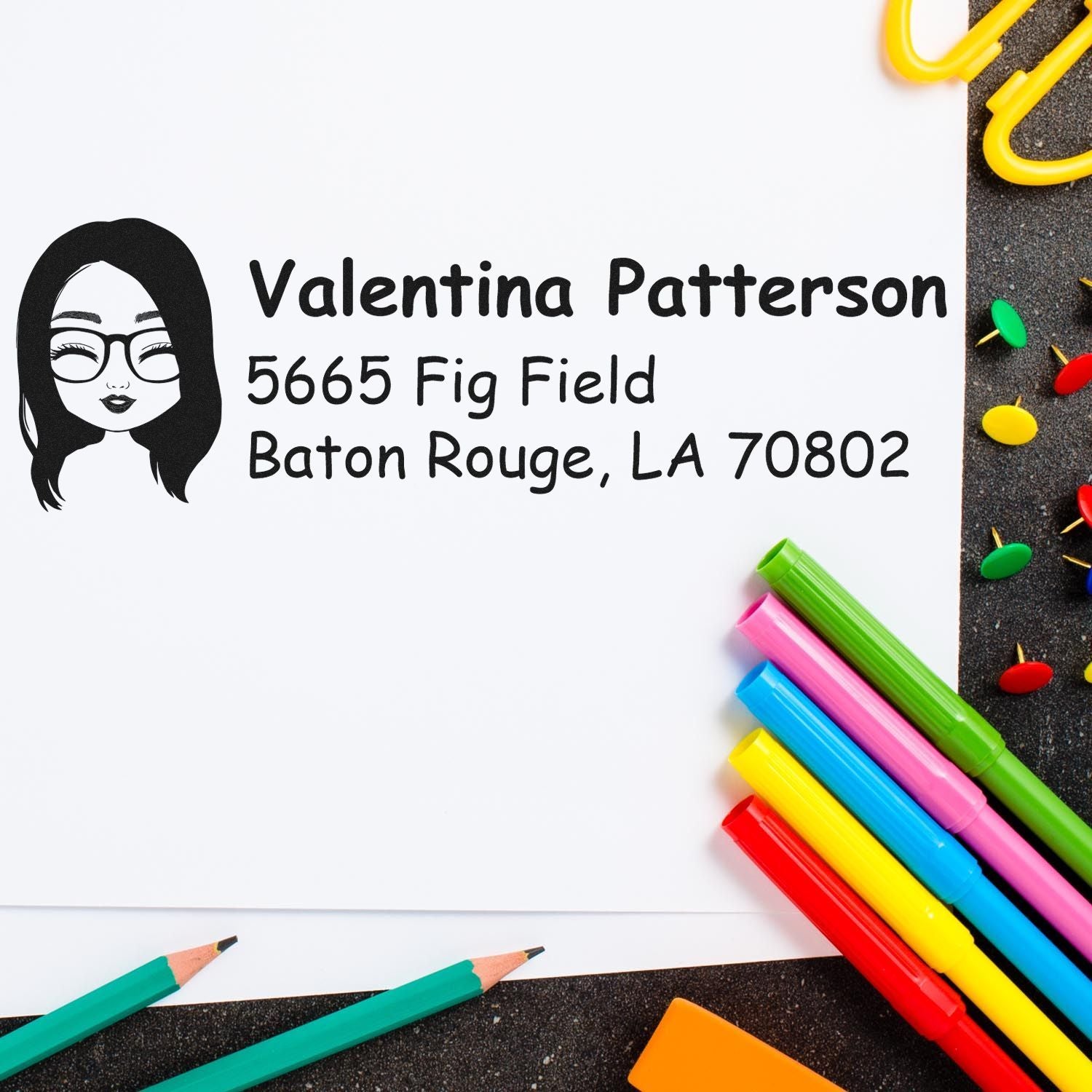 Custom return address stamp for Valentina Patterson, 5665 Fig Field, Baton Rouge, LA 70802.