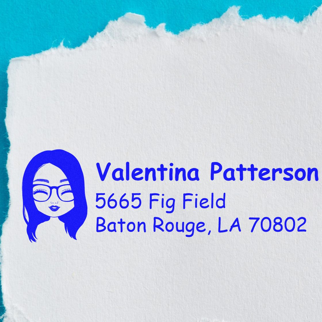 Personalized return address rubber stamp featuring name and Baton Rouge, LA for mailing and packaging.