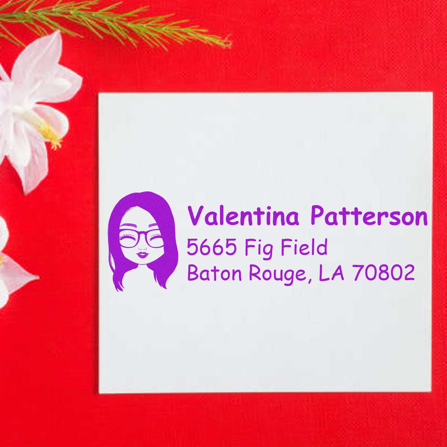 Custom return address rubber stamp with purple avatar and address for Valentina Patterson in Baton Rouge, LA 70802