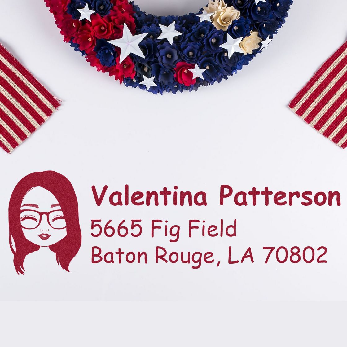 Custom rubber address stamp with female avatar, name, and Baton Rouge, LA mailing address for envelopes and stationery.
