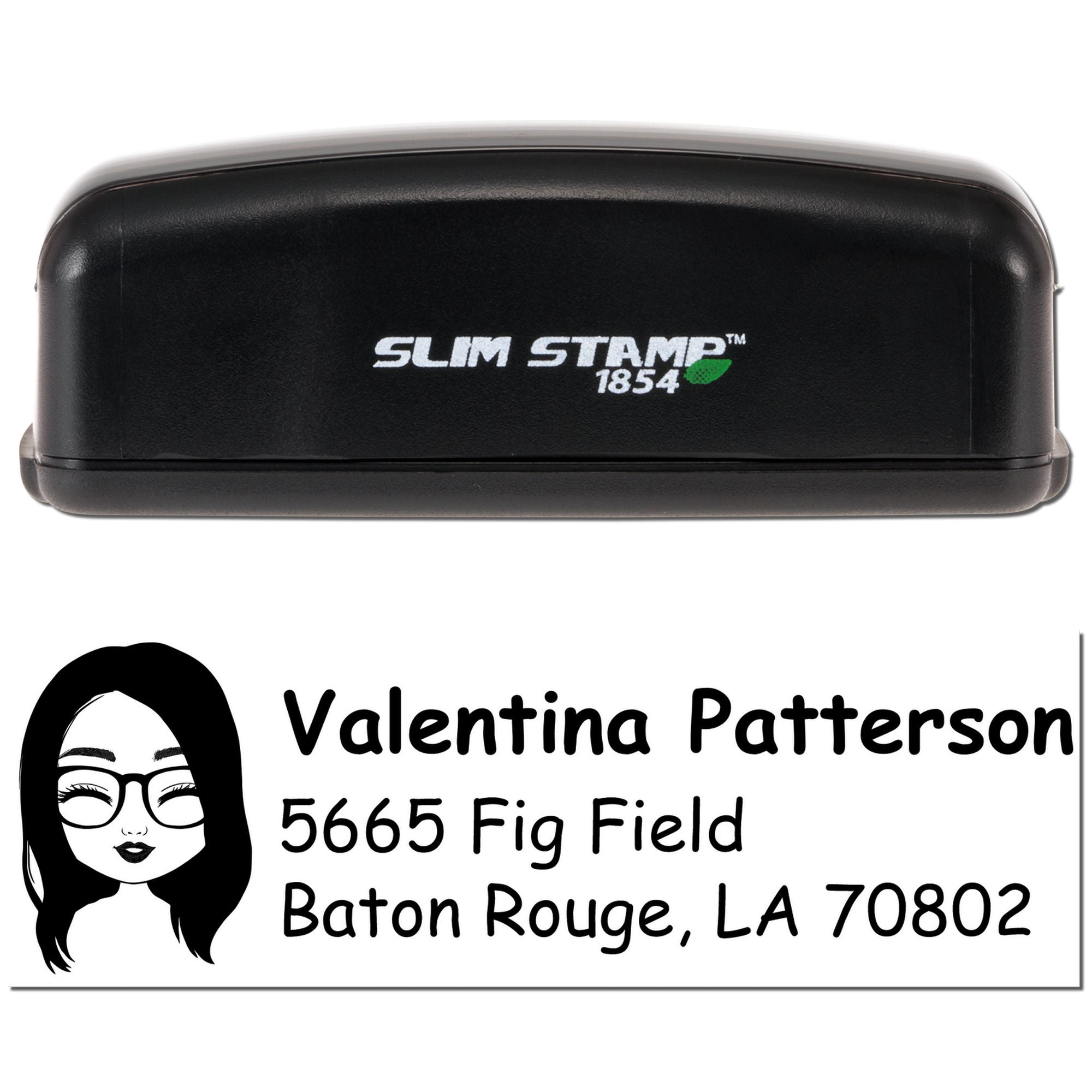 Slim Stamp 1854 self-inking rubber stamp showing a custom address stamp design for Valentina Patterson, Baton Rouge, LA