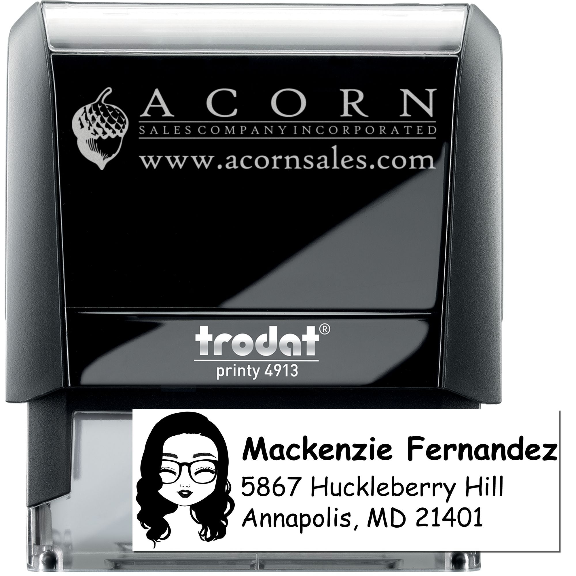 Trodat Printy 4913 custom self-inking rubber stamp with logo and personalized address imprint for business mailing.