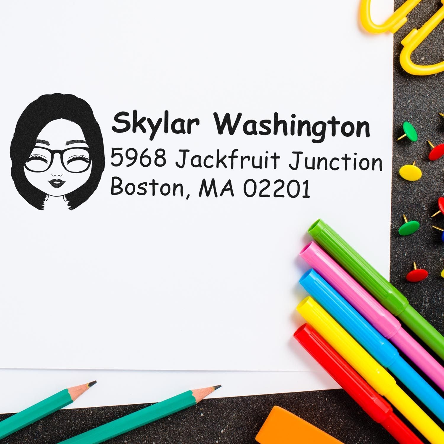 Custom return address rubber stamp with avatar logo, name, and Boston, MA mailing address for envelopes and stationery.