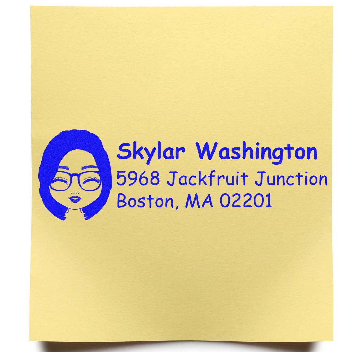 Custom return address rubber stamp with avatar for Skylar Washington, 5968 Jackfruit Junction, Boston, MA 02201.
