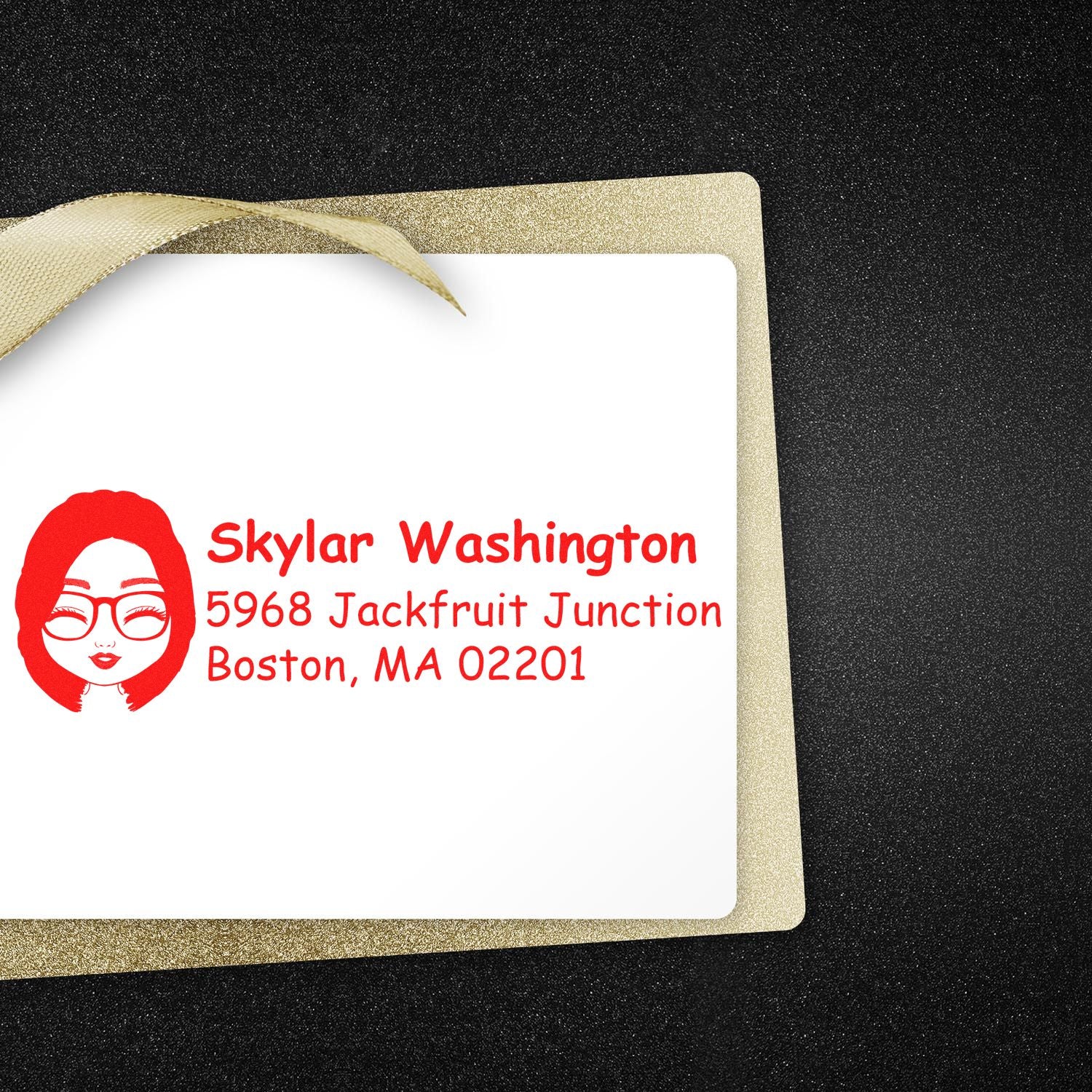 Personalized return address rubber stamp with avatar, name, and Boston, MA address for mailing envelopes and cards.