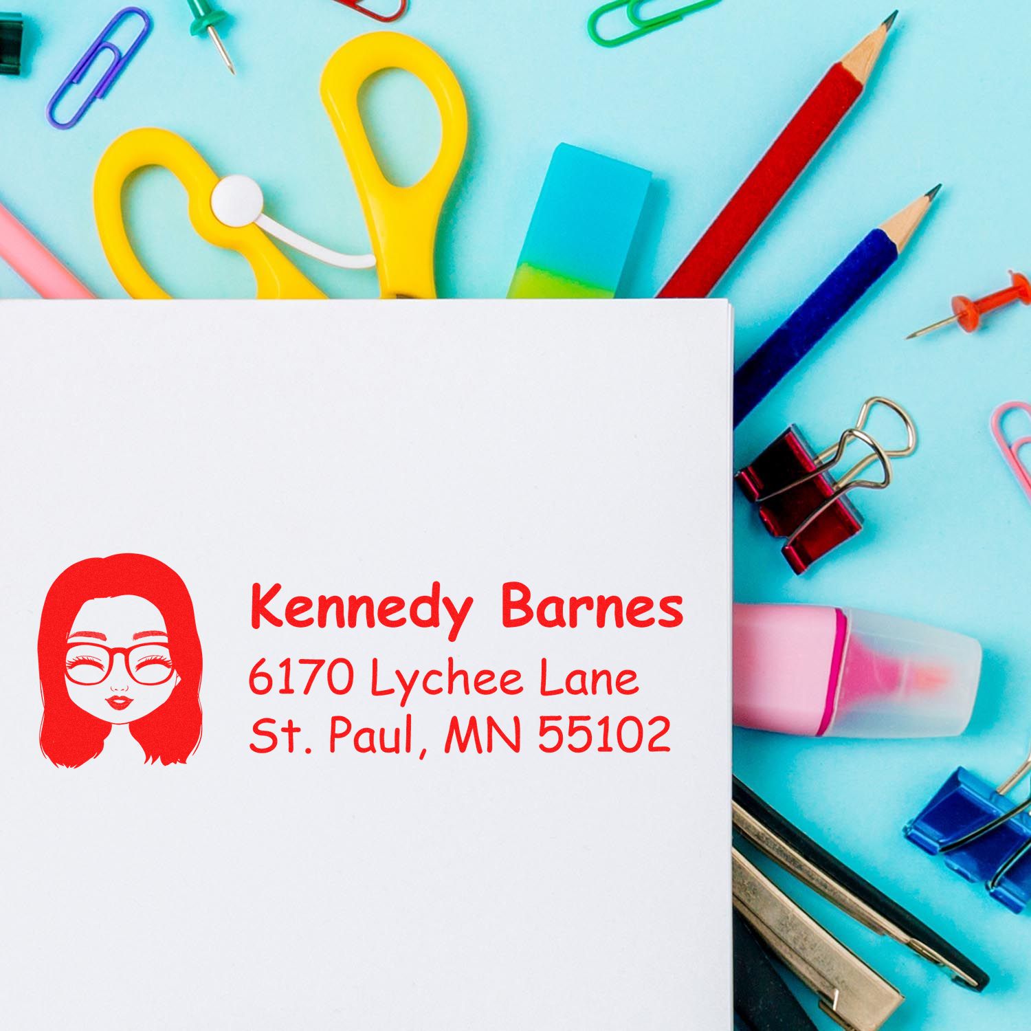 Custom rubber address stamp with personalized name and St. Paul, MN return address for mailing envelopes and stationery.
