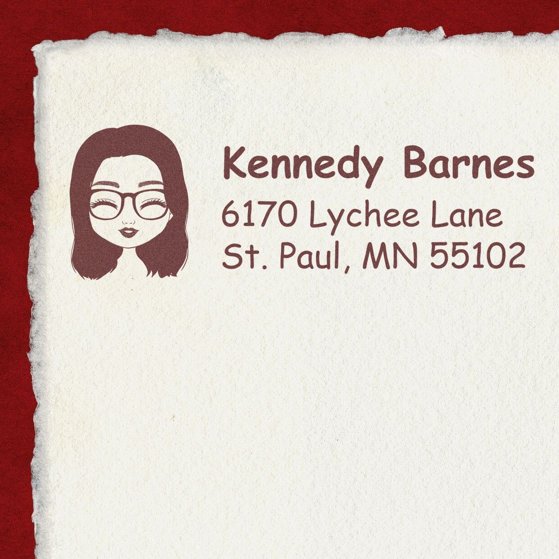 Custom return address rubber stamp with woman avatar, Kennedy Barnes, 6170 Lychee Lane, St. Paul, MN 55102