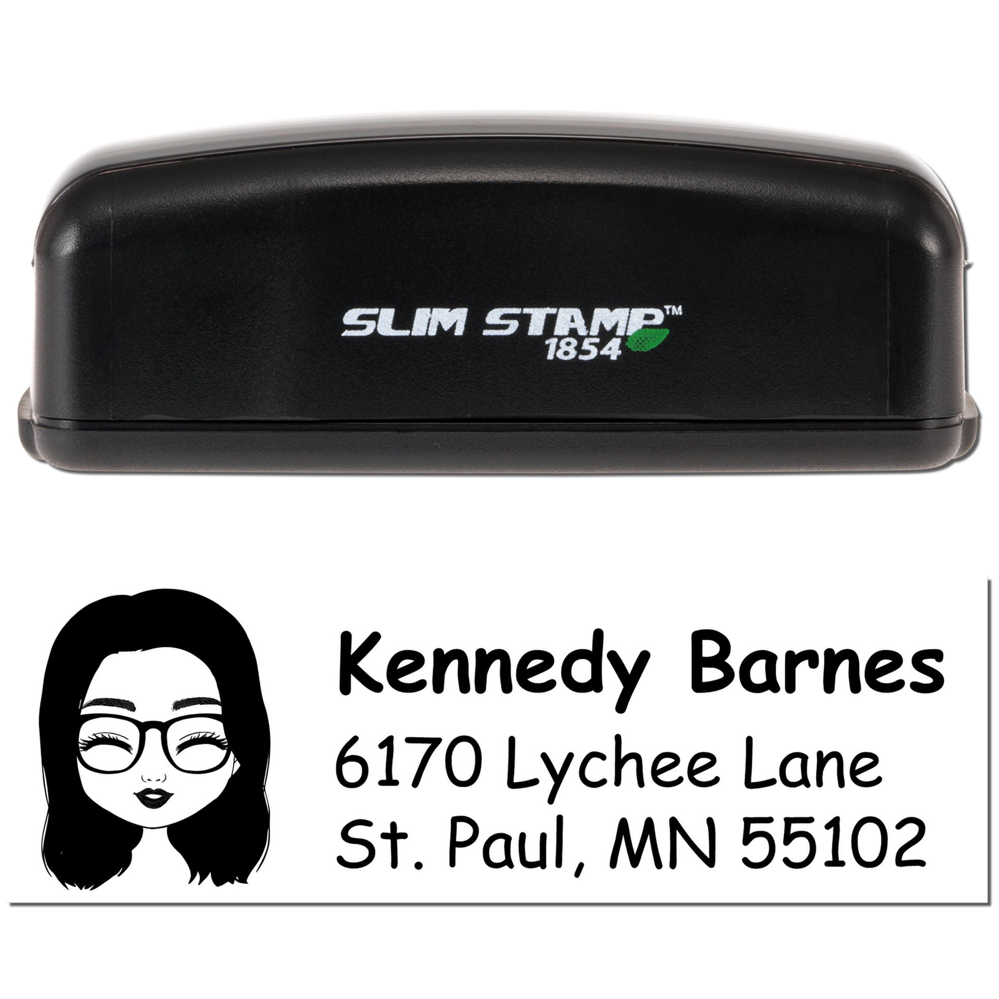 Custom self-inking rubber stamp with Slim Stamp 1854 case and personalized return address design for Kennedy Barnes.