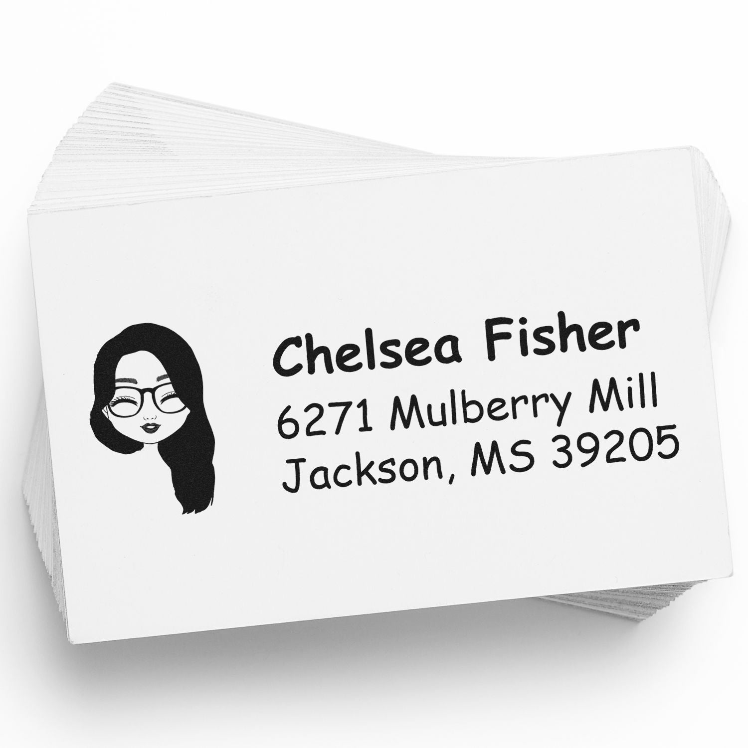 Custom return address rubber stamp with female avatar, name, and mailing address for envelopes and cards.