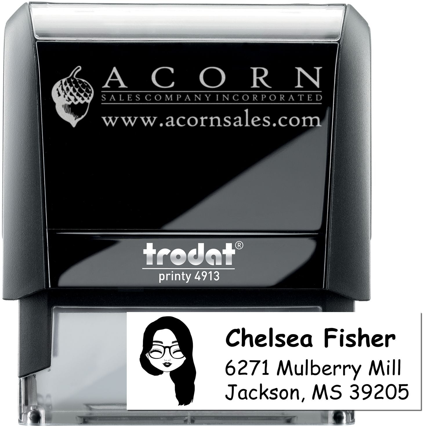 Custom self-inking rubber stamp with business logo and personalized address stamp for Chelsea Fisher, Jackson, MS.