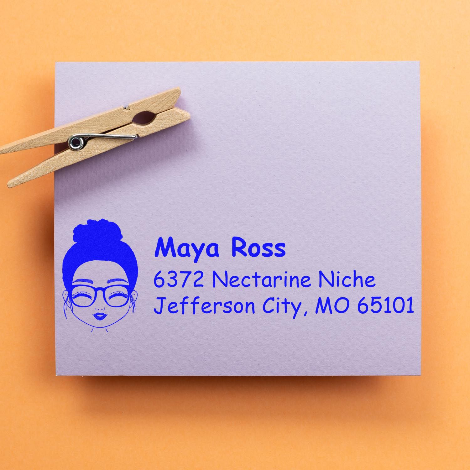 Custom return address rubber stamp with avatar logo, name, and Jefferson City, MO mailing address